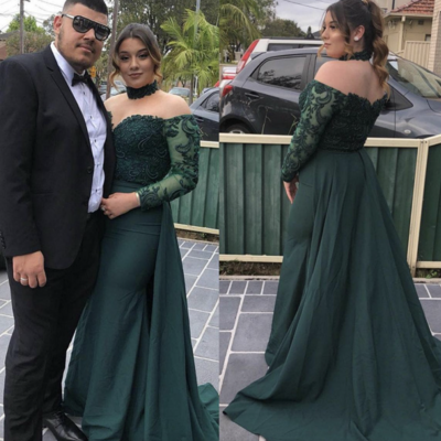Dark green prom dresses plus size with sleeves appliques - Thumbnail 1
