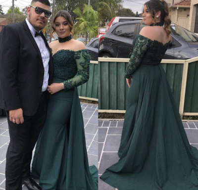 Dark Green Prom Dresses Plus Size with Sleeves appliques