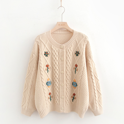 Retro handmade three-dimensional embroidered cardigan sweater - Thumbnail 3