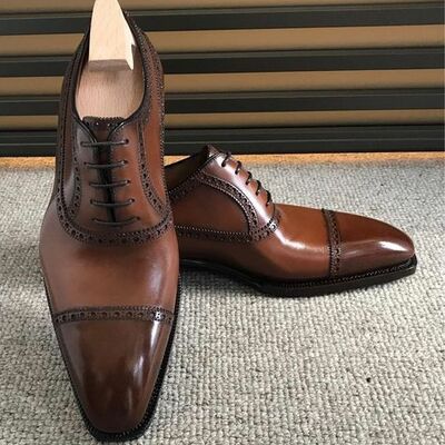 Handmade leather oxfords toe cap semi brogue original leather handmade lace up shoes for men ready to wear formal and causal oxfords