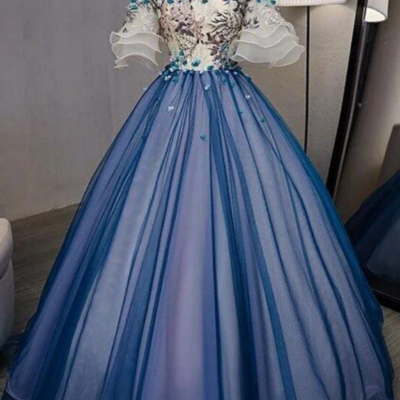 Ball gown off the shoulder short sleeve lace up sweetheart prom dress with appliques kpp1567 - Thumbnail 2