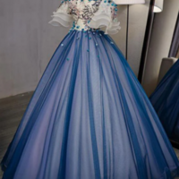 Ball Gown Off the Shoulder Short Sleeve Lace up Sweetheart Prom Dress with Appliques KPP1567 - Thumbnail 1