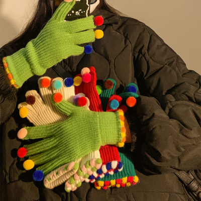 Colored pom-pom exposed fingertips touch screen gloves 