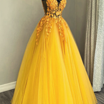 Beautiful yellow v neck low back tulle with lace long party dresses a-line tulle prom dresses