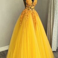 Beautiful Yellow V Neck Low Back Tulle With Lace Long Party Dresses A-line Tulle Prom Dresses - Thumbnail 1