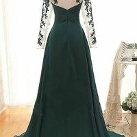 Elegant Long Sleeve Green Chiffon Long Appliqued Prom Dresses Open Back Party Dresses - Thumbnail 1