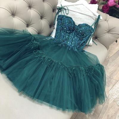 Green tulle lace short prom dress