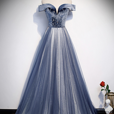 Blue velvet tulle long prom dress evening dress
