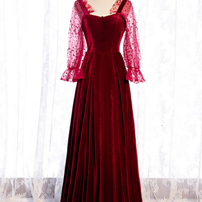 A-line burgundy velvet square long sleeve wave point prom dress