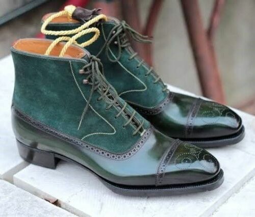 Premium Quality Men's Brogue Ankle Boots with Lace Up Toe Cap and Green Leather and Suede