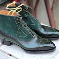 Premium Quality Men's Brogue Ankle Boots with Lace Up Toe Cap and Green Leather and Suede