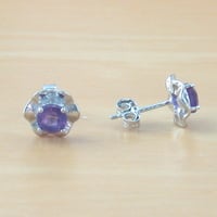Sterling Silver Amethyst Gemstone Flower Stud Earrings/Amethyst Studs/Amethyst Earrings/Amethyst Jewellery/Amethyst Jewelry/February Birthstone/UK - Thumbnail 1