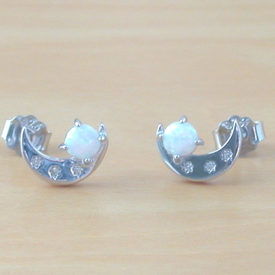 Sterling silver white opal crescent moon earrings/opal stud earrings/silver moon earrings/opal jewellery/opal jewelry/october birthstone/uk