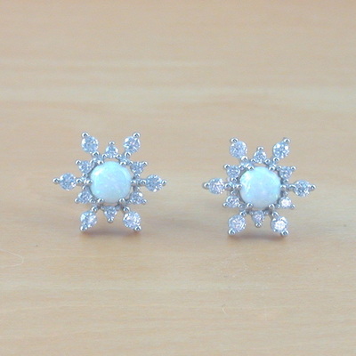 Sterling silver white opal & cz snowflake earrings/opal studs/opal jewellery/opal jewelry/snowflake studs/october birthday/uk