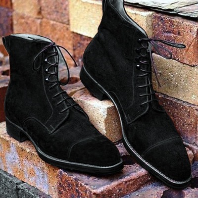 Men's black cap toe ankle boots, men's suede black lace up boots, leather boots - Thumbnail 2