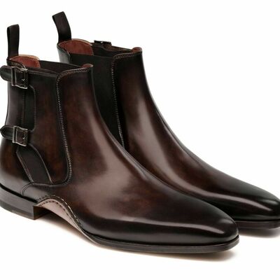 Handmade dark brown shaded buckle chelsea boots for men, men ankle chelsea boots, boots for men - Thumbnail 1