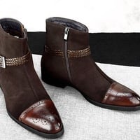 NEW Men's High Ankle Brown Jodhpurs Rounded Buckle Strap Genuine Leather Boots - Thumbnail 1
