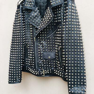 Handmade men full silver studded punk rock black leather jacket made by crafted leather - Thumbnail 4