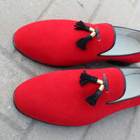 Crafted Leather Men Awesome Red Velvet Tassel Loafers Dress Shoes - Thumbnail 2