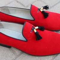 Crafted Leather Men Awesome Red Velvet Tassel Loafers Dress Shoes - Thumbnail 3