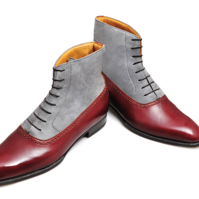 Handmade men gray suede and burgundy leather ankle dress boot