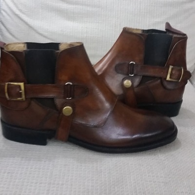 Brown genuine leather buckle military style jodhpur boot - Thumbnail 3