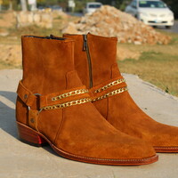 Cuban Heel Chain Buckle Side Zipper Jodhpur Suede Boot in Brown Leather - Thumbnail 3