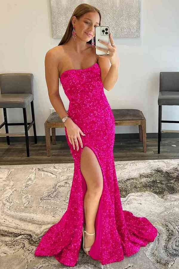 Strapless Fuchsia Trumpet Sequin Long Prom Formal Dress