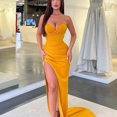 Orange strapless prom dresses,sheath long prom dresses with slit,fashion simple prom dresses,cp0176