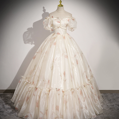 Champagne floral tulle long a-line prom dress - Thumbnail 1