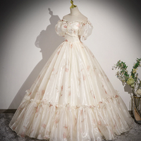 Champagne Floral Tulle Long A-Line Prom Dress - Thumbnail 2