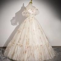 Champagne Floral Tulle Long A-Line Prom Dress - Thumbnail 3