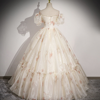 Champagne Floral Tulle Long A-Line Prom Dress - Thumbnail 4