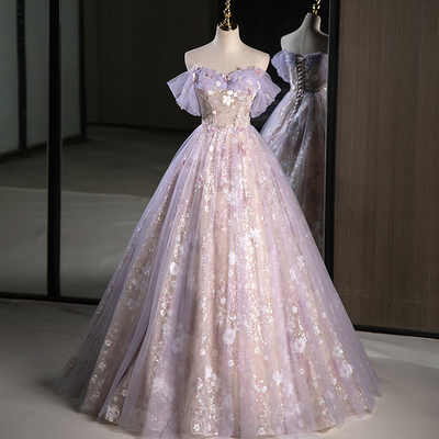 Purple a-line off the shoulder sequins prom dress, lovely tulle corset floor length evening dress - Thumbnail 1