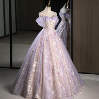 Purple A-Line Off the Shoulder Sequins Prom Dress, Lovely Tulle Corset Floor Length Evening Dress - Thumbnail 1