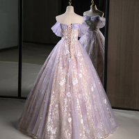 Purple A-Line Off the Shoulder Sequins Prom Dress, Lovely Tulle Corset Floor Length Evening Dress - Thumbnail 2