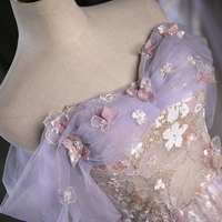 Purple A-Line Off the Shoulder Sequins Prom Dress, Lovely Tulle Corset Floor Length Evening Dress - Thumbnail 3