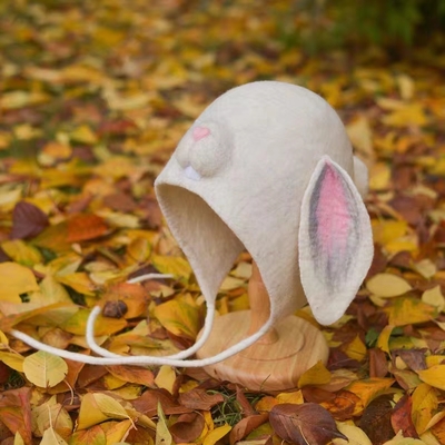 Christmas hats,white bunny hats, wool felt hats, elf hat, winter ear flaps hat