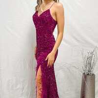PSY847, Fuchsia Spaghetti Straps Mermaid Sequiin Long Prom Dress - Thumbnail 2