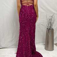 PSY847, Fuchsia Spaghetti Straps Mermaid Sequiin Long Prom Dress - Thumbnail 3