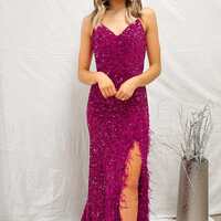 PSY847, Fuchsia Spaghetti Straps Mermaid Sequiin Long Prom Dress - Thumbnail 1
