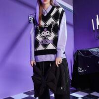 V-neck Kuromi Melody Argyle Sweater Vest - Thumbnail 3