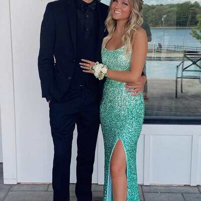 Psy848, turquoise green sequin mermaid floor length evening prom dresses