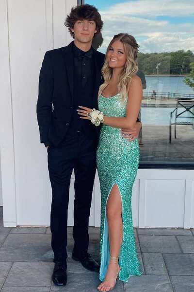 PSY848, Turquoise Green Sequin Mermaid Floor Length Evening Prom Dresses