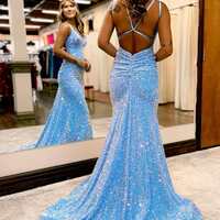 PSY849, Sky Blue Mermaid Iridescent Trumpet Long Prom Dress - Thumbnail 1