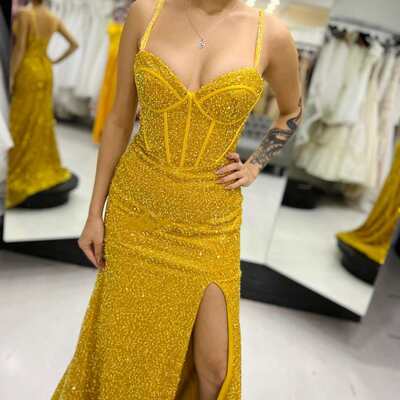 Psy850,sparkle yellow mermaid long evening prom dress