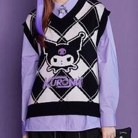 V-neck Kuromi Melody Argyle Sweater Vest - Thumbnail 2