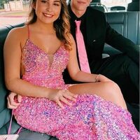 PSY852, Iridescent Sequin Pink Evening Prom Dress - Thumbnail 1