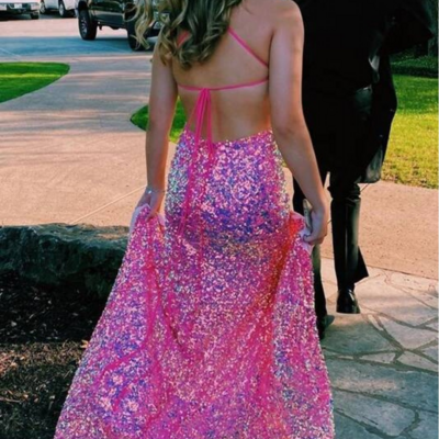 Psy852, iridescent sequin pink evening prom dress