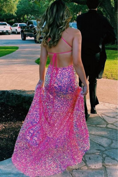 PSY852, Iridescent Sequin Pink Evening Prom Dress
